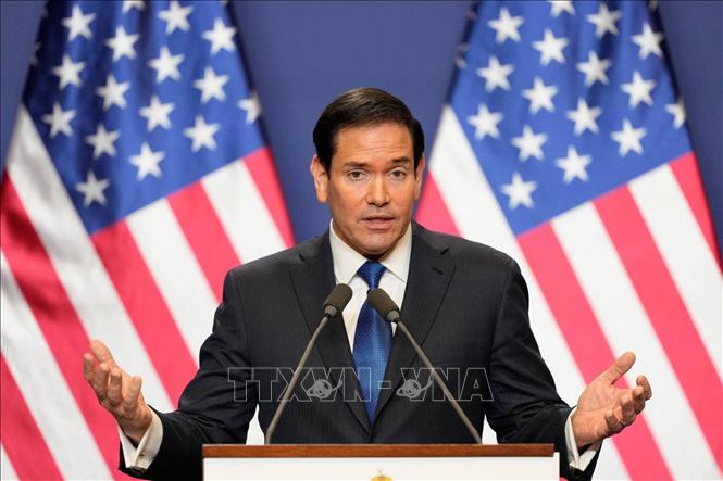 Ngoại trưởng Mỹ Marco Rubio trong cuộc họp báo tại Budapest, Hungary ngày 16/2/2026. Ảnh: AP/TTXVN