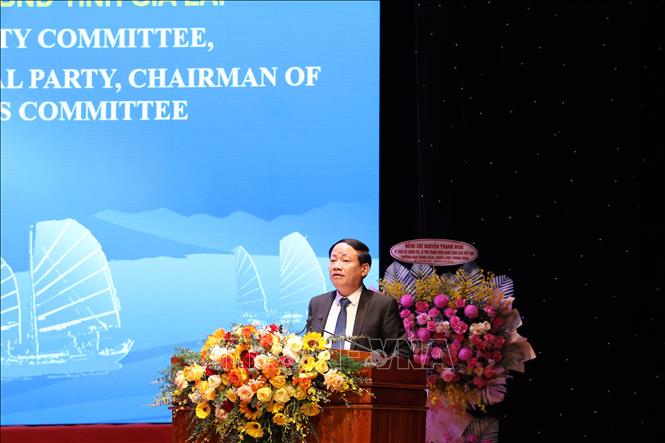 Chủ tịch UBND tỉnh Phạm Anh Tuấn phát biểu tại Hội nghị. Ảnh: Sỹ Thắng-TTXVN
 