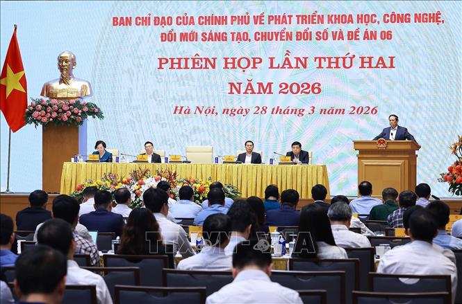 Thủ tướng Phạm Minh Chính phát biểu tại phiên họp lần thứ hai của BCĐ về phát triển khoa học công nghệ và Đề án 06. Ảnh: Dương Giang-TTXVN 
