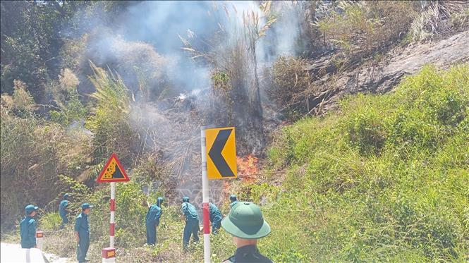 Các lực lượng chức năng tổ chức khống chế, dập tắt đám cháy rừng nghèo kiệt trên khu vực đèo Bảo Lộc (thuộc quốc lộ 20, đoạn qua phường 3 Bảo Lộc, Lâm Đồng) chiều 28/3. Ảnh: TTXVN phát
