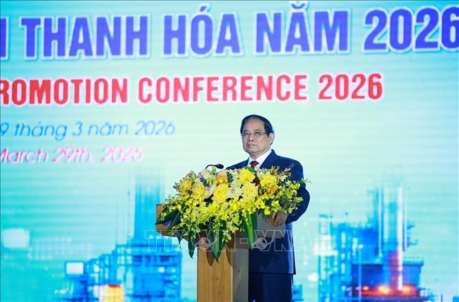 Prime Minister Pham Minh Chinh speaks at the investment promotion conference in Thanh Hoa province. VNA Photo: Dương Giang
