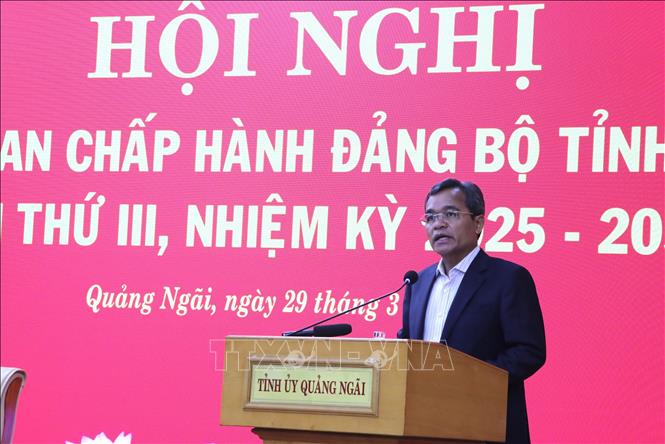 Ủy viên Trung ương Đảng, Bí thư Tỉnh ủy Quảng Ngãi Hồ Văn Niên phát biểu tại hội nghị. Ảnh: Đinh Hương - TTXVN