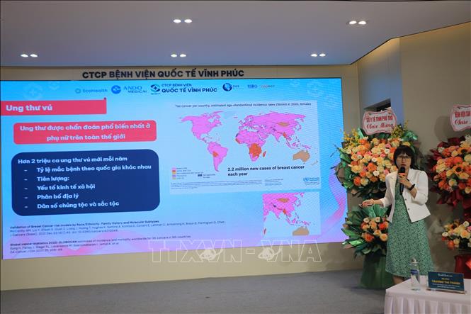 Bác sĩ chuyên khoa II Lưu Hồng Nhung, Phó Chủ tịch Chi hội Chẩn đoán hình ảnh vú, Hội Điện quang và Y học Hạt nhân Việt Nam tham luận tại hội thảo. Ảnh: Nguyễn Thảo - TTXVN