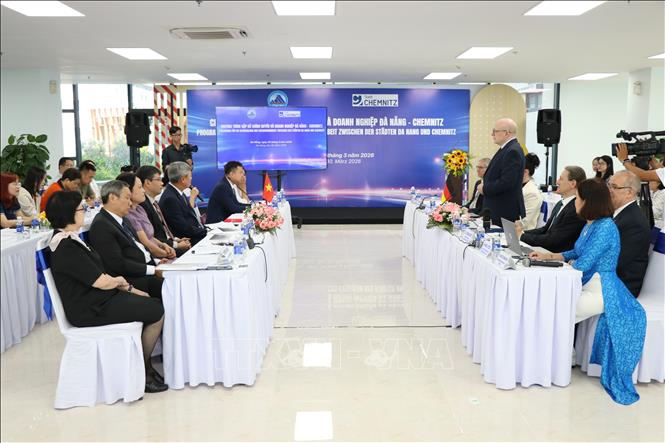 Quang cảnh Chương trình gặp gỡ giữa chính quyền, doanh nghiệp thành phố Đà Nẵng và thành phố Chemnitz (Cộng hòa Liên bang Đức). Ảnh: Khoa Chương - TTXVN