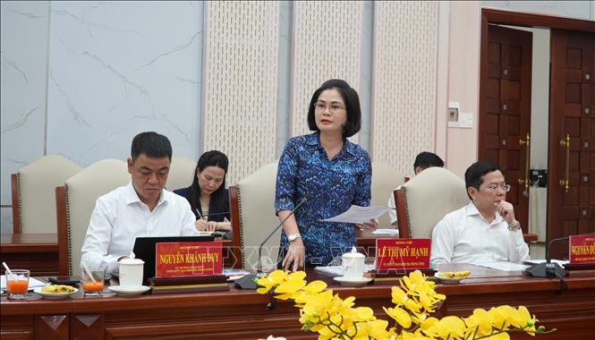 Bà Lê Thị Mỹ Hạnh, Ủy viên Ủy ban Kiểm tra Trung ương, Phó Trưởng Đoàn Kiểm tra, giám sát số 29 của Bộ Chính trị, Ban Bí thư phát biểu. Ảnh: Văn Sĩ - TTXVN                                    