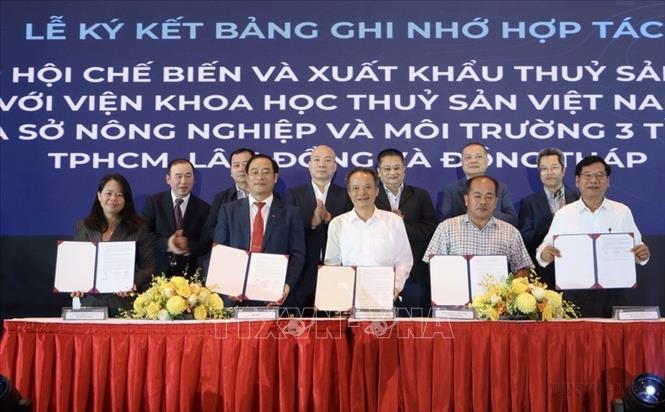 Ngày 17/1/2026, tại TP. Hồ Chí Minh, Hiệp hội Chế biến và Xuất khẩu Thuỷ sản Việt Nam (VASEP) tổ chức Hội nghị tổng kết xuất khẩu thuỷ sản năm 2025, triển khai nhiệm vụ năm 2026 và ký kết hợp tác với các đơn vị và địa phương về cung ứng nguyên liệu bền vững. Ảnh: Xuân Anh - TTXVN