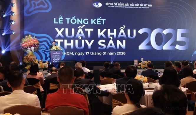 Ngày 17/1/2026, tại TP. Hồ Chí Minh, Hiệp hội Chế biến và Xuất khẩu Thuỷ sản Việt Nam (VASEP) tổ chức Hội nghị tổng kết xuất khẩu thủy sản năm 2025, triển khai nhiệm vụ năm 2026. Ảnh: Xuân Anh - TTXVN