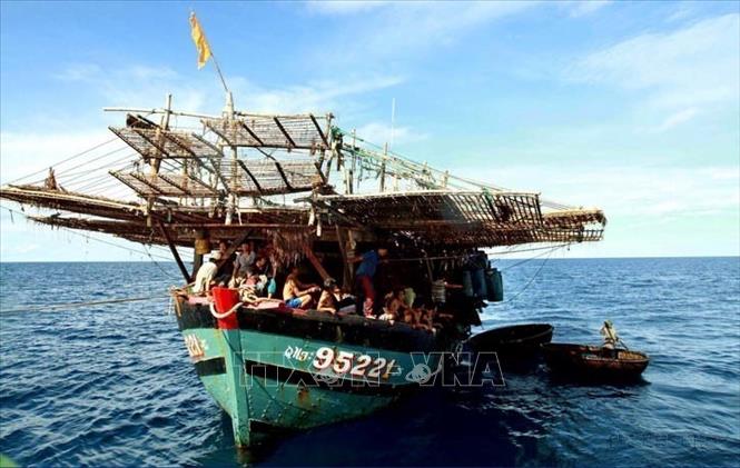 Tàu câu mực của ngư dân Việt Nam trên vùng biển Trường Sa.  Ảnh: Hồng Kỳ - TTXVN