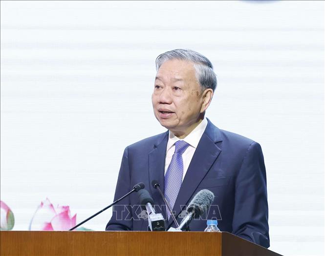  Tổng Bí thư Tô Lâm, Bí thư Quân ủy Trung ương phát biểu tại lễ kỷ niệm. Ảnh: Thống Nhất – TTXVN