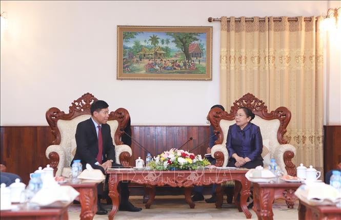 Sisay Leudetmounsone, Politburo member, Secretary of the LPRP Central Committee, and Chairwoman of its Organisation Commission, receives Deputy Minister of Foreign Affairs Nguyen Manh Cuong. VNA Photo: Xuân Tú