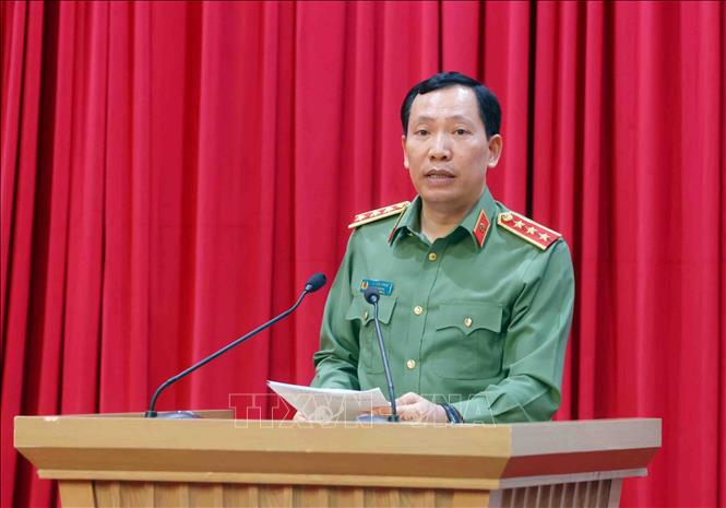 Thượng tướng Lê Văn Tuyến, Ủy viên Trung ương Đảng, Thứ trưởng Bộ Công an phát biểu. Ảnh: Phạm Kiên - TTXVN