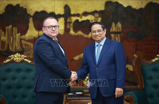 Prime Minister Pham Minh Chinh receives Chairman of the Belarusian State Forensic Examination Committee Volkov Alexei Aleksandrovich. VNA Photo: Dương Giang