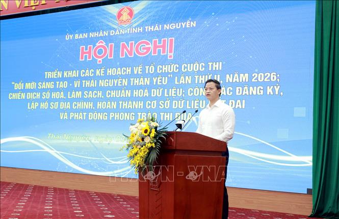 Ông Vương Quốc Tuấn, Chủ tịch UBND tỉnh Thái Nguyên phát biểu tại chương trình. Ảnh: Thu Hằng-TTXVN
