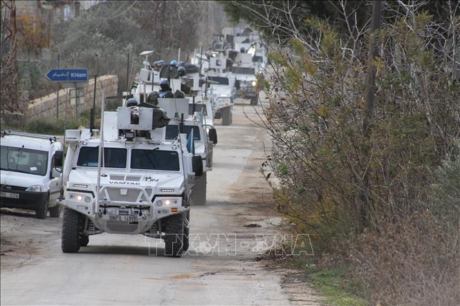 (Tư liệu) Lực lượng lâm thời LHQ tại Liban tuần tra tại khu vực Khiam, Liban. Ảnh: THX/TTXVN