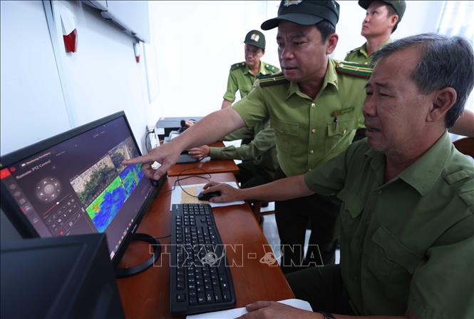 Lực lượng Kiểm lâm và lực lượng bảo vệ rừng giám sát qua hệ thống camera tại trung tâm điều hành trong vườn quốc gia U Minh Hạ, tỉnh Cà Mau. Ảnh: Vũ Sinh – TTXVN