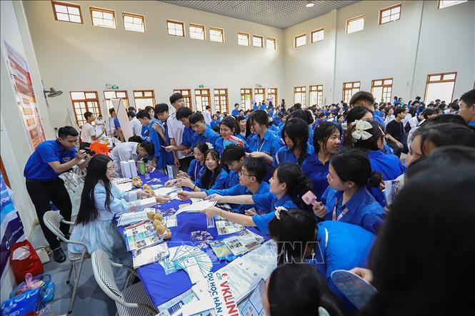 Học sinh Sơn La tiếp cận và được tư vấn những thông tin chính thống, cập nhật về phương thức tuyển sinh, ngành nghề đào tạo, cơ hội việc làm tại chương trình. Ảnh: Trọng Đạt-TTXVN