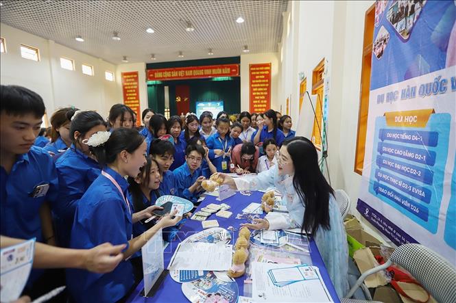 Học sinh Sơn La tiếp cận và được tư vấn những thông tin chính thống, cập nhật về phương thức tuyển sinh, ngành nghề đào tạo, cơ hội việc làm tại chương trình. Ảnh: Trọng Đạt-TTXVN
