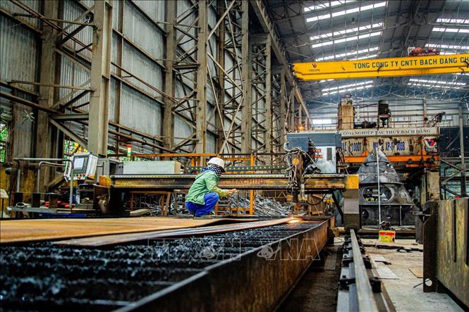 Giữa công trường, mỗi người thợ là một mắt xích quan trọng, miệt mài làm việc giữa máy móc và vật liệu. Ảnh: Lan Anh/TTXVN phát
