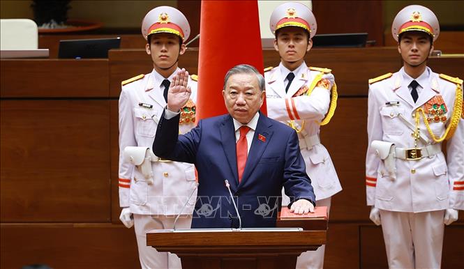 Chủ tịch nước Cộng hoà xã hội chủ nghĩa Việt Nam Tô Lâm tuyên thệ nhậm chức. Ảnh: Dương Giang - TTXVN