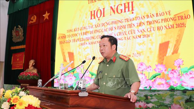 Đại tá Nguyễn Văn Thắng, Phó Giám đốc Công an thành phố Cần Thơ, phát biểu. Ảnh: Hồng Thái - TTXVN