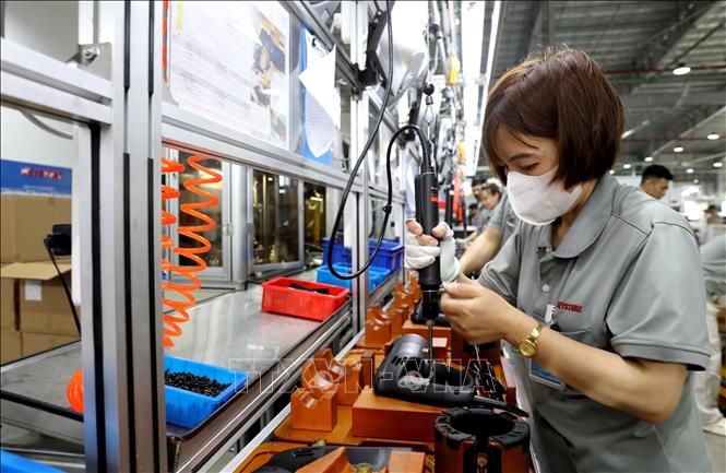  Công nhân Công ty TNHH Keystone Electrical Việt Nam (Khu công nghiệp Liên Hà Thái, Khu kinh tế Thái Bình) sản xuất các sản phẩm. Ảnh: Thế Duyệt - TTXVN