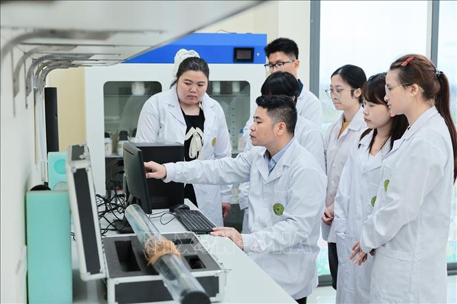 Giảng viên hướng dẫn sinh viên đọc và sử dụng Thiết bị chụp ảnh phân tích rễ cây, giúp quan sát sự phát triển và hành vi của rễ với độ phân giải cao nhưng không gây tổn hại. Ảnh: Lê Đông - TTXVN