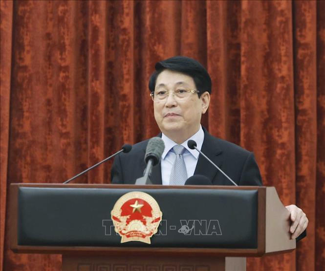 Đồng chí Lương Cường, nguyên Uỷ viên Bộ Chính trị, nguyên Chủ tịch nước phát biểu. Ảnh: Thống Nhất - TTXVN