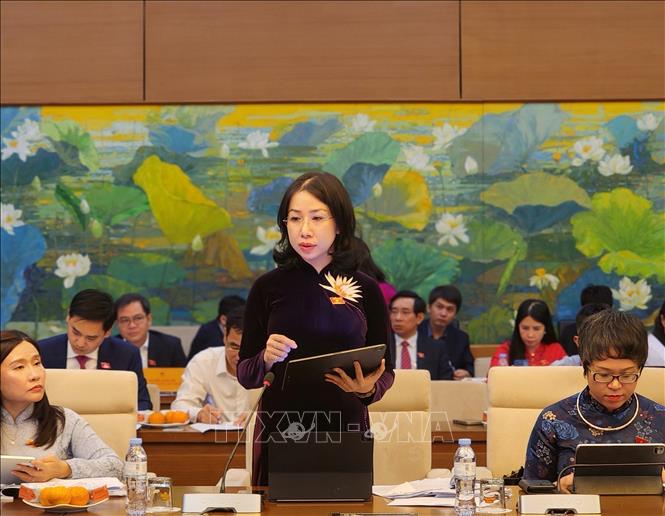 Đại biểu Phan Thùy Linh (đoàn Thanh Hóa) góp ý vào dự án Luật Tín ngưỡng, tôn giáo (sửa đổi). Ảnh: Chu Thanh Vân - TTXVN