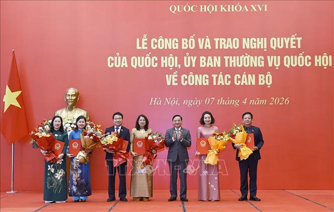 Phó Chủ tịch Quốc hội Nguyễn Khắc Định trao các Nghị quyết của Ủy ban Thường vụ Quốc hội về công tác cán bộ. Ảnh: Doãn Tấn – TTXVN