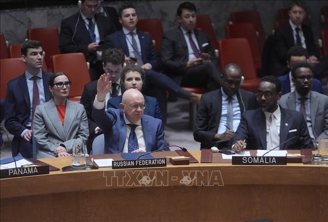 Giải thích về lá phiếu phủ quyết, Đại sứ Nga tại LHQ Vassily Nebenzia (trái, phía trước) cho rằng dự thảo chỉ tập trung vào Iran mà không đề cập đến các cuộc tấn công bất hợp pháp của Mỹ và Israel. Ảnh: Anadolu Agency/TTXVN