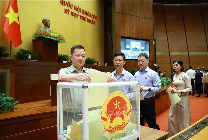 Đại biểu Quốc hội bỏ phiếu phê chuẩn Thẩm phán Tòa án nhân dân Tối cao, Phó Thủ tướng Chính phủ, Bộ trưởng và thành viên khác của Chính phủ. Ảnh: Dương Giang - TTXVN