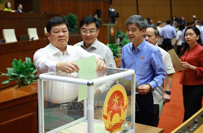 Đại biểu Quốc hội bỏ phiếu phê chuẩn Thẩm phán Tòa án nhân dân Tối cao, Phó Thủ tướng Chính phủ, Bộ trưởng và thành viên khác của Chính phủ. Ảnh: Dương Giang - TTXVN