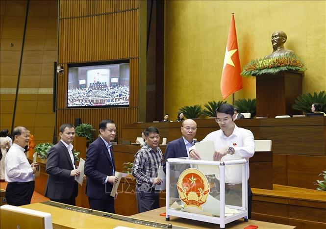 Đại biểu Quốc hội bỏ phiếu phê chuẩn Thẩm phán Tòa án nhân dân Tối cao, Phó Thủ tướng Chính phủ, Bộ trưởng và thành viên khác của Chính phủ. Ảnh: Doãn Tấn - TTXVN