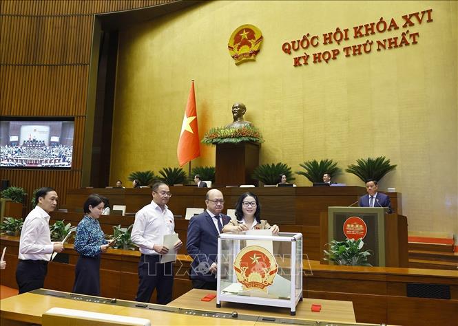 Đại biểu Quốc hội bỏ phiếu phê chuẩn Thẩm phán Tòa án nhân dân Tối cao, Phó Thủ tướng Chính phủ, Bộ trưởng và thành viên khác của Chính phủ. Ảnh: Doãn Tấn - TTXVN