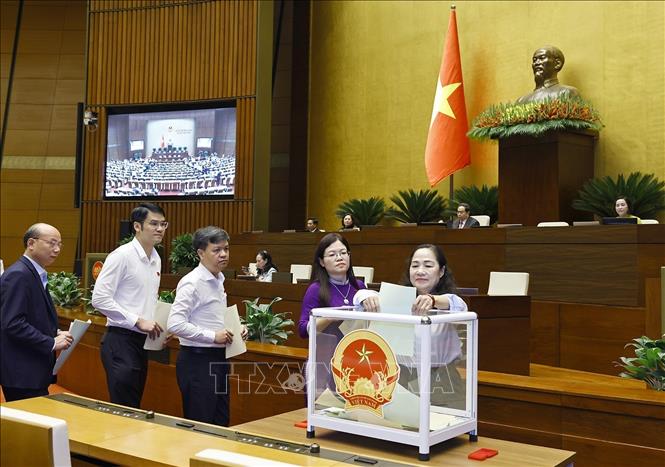 Đại biểu Quốc hội bỏ phiếu phê chuẩn Thẩm phán Tòa án nhân dân Tối cao, Phó Thủ tướng Chính phủ, Bộ trưởng và thành viên khác của Chính phủ. Ảnh: Doãn Tấn - TTXVN