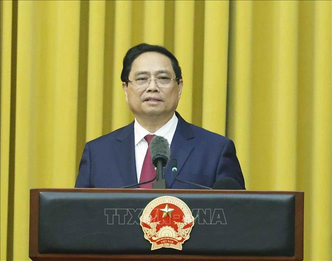 Đồng chí Phạm Minh Chính, nguyên Ủy viên Bộ Chính trị, nguyên Thủ tướng Chính phủ nhiệm kỳ 2021 - 2026 phát biểu. Ảnh: Thống Nhất - TTXVN