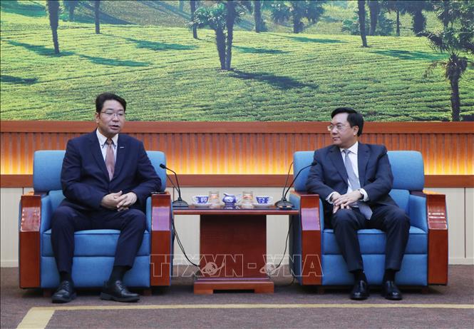 Chủ tịch UBND tỉnh Phú Thọ Trần Duy Đông và ông Sakate Atasuki, Phó Chủ tịch Tập đoàn Meiko (Nhật Bản) tại buổi làm việc. Ảnh: Thu Hương - TTXVN