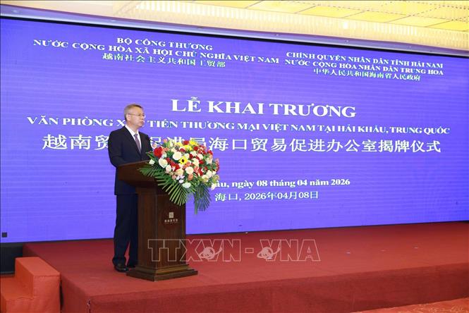 Ủy viên Ban cán sự Đảng, Phó Trưởng Ban chuyên trách các Dự án trọng điểm của Chính quyền nhân dân tỉnh Hải Nam Lưu Bình Trị phát biểu tại Lễ khai trương. Ảnh: TTXVN phát