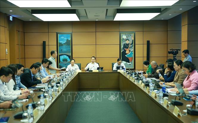 Đại biểu Quốc hội tỉnh Vĩnh Long và tỉnh Hà Tĩnh thảo luận tại tổ. Ảnh: Dương Giang-TTXVN