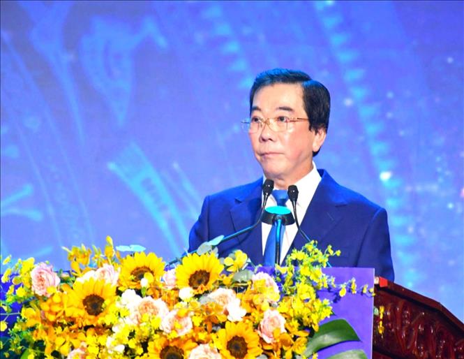 Chủ tịch Hiệp hội Doanh nghiệp tỉnh Tây Ninh Trịnh Văn Hải phát biểu tại Diễn đàn. Ảnh: Thanh Bình -TTXVN