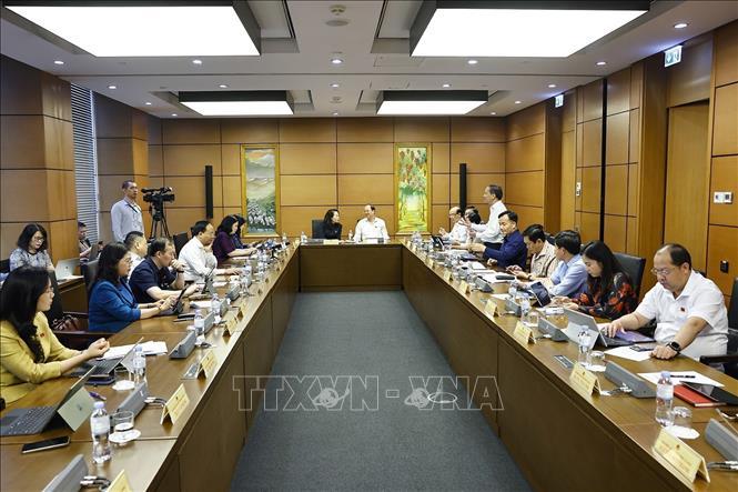 Đoàn đại biểu Quốc hội tỉnh Cà Mau và Bắc Ninh thảo luận ở tổ. Ảnh: Doãn Tấn - TTXVN