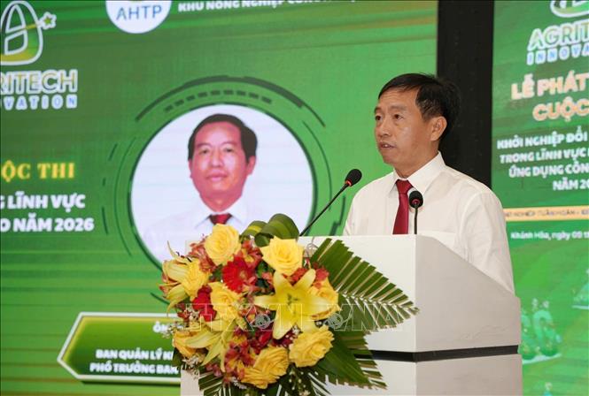 Ông Nguyễn Thanh Hiền, Phó Trưởng ban Ban Quản lý Khu Nông nghiệp Công nghệ cao TP. Hồ Chí Minh, Phó Trưởng ban thường trực Ban tổ chức, phát biểu tại buổi lễ. Ảnh: Phan Sáu - TTXVN