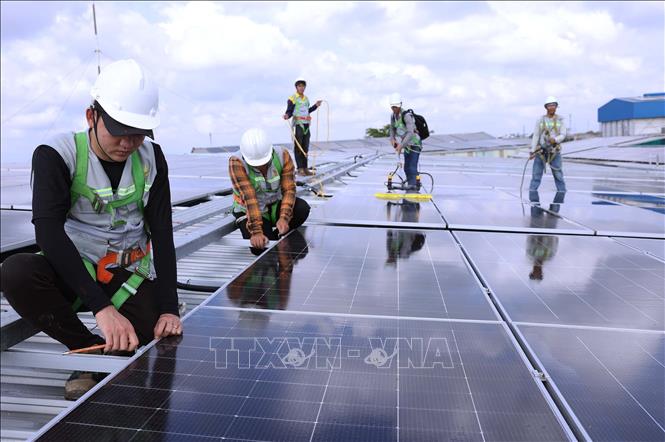 Bảo dưỡng tấm pin của hệ thống điện mặt trời mái nhà, ở nhà máy chế biến thuỷ sản của Tập đoàn Thuỷ sản Minh Phú ở phường Lý Văn Lâm, tỉnh Cà Mau. Ảnh: Vũ Sinh - TTXVN