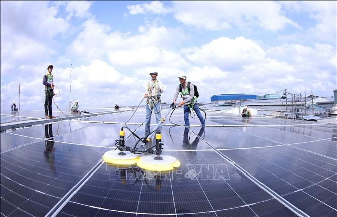 Bảo dưỡng tấm pin của hệ thống điện mặt trời mái nhà, ở nhà máy chế biến thuỷ sản của Tập đoàn Thuỷ sản Minh Phú ở phường Lý Văn Lâm, tỉnh Cà Mau. Ảnh: Vũ Sinh - TTXVN