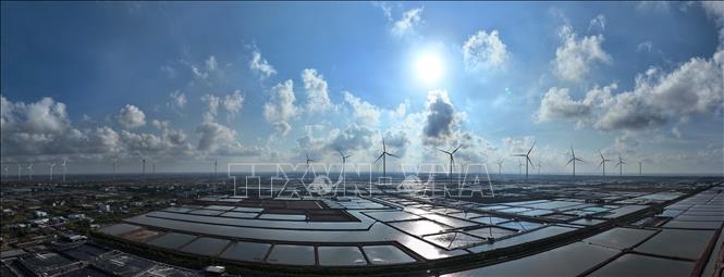 Nhà máy Điện gió Hoà Bình 5 - giai đoạn 1 (Công ty Cổ phần Đầu tư Hacom Holdings), thuộc địa bàn xã Vĩnh Hậu, tỉnh Cà Mau, là nhà máy điện gió có quy mô lớn nhất trên đất liền ven biển tại khu vực Đồng bằng sông Cửu Long, công suất 80MW, tổng số vốn đầu tư hơn 3.700 tỉ đồng. Ảnh: Vũ Sinh – TTXVN