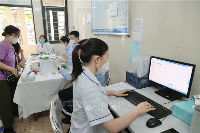 Nhân viên y tế Trạm Y tế phường Bạch Mai cập nhật thông tin, hồ sơ của bệnh nhân lên hệ thống Hồ sơ sức khoẻ điện tử của Thành phố. Ảnh: Minh Quyết - TTXVN 
