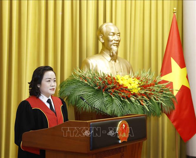 Phó Chánh án Toà án nhân dân Tối cao Nguyễn Hải Trâm phát biểu. Ảnh: Thống Nhất – TTXVN