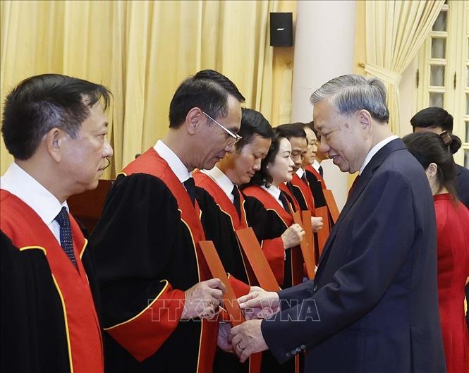 Tổng Bí thư, Chủ tịch nước Tô Lâm trao Quyết định bổ nhiệm chức danh Thẩm phán Toà án nhân dân Tối cao cho các thẩm phán. Ảnh: Thống Nhất – TTXVN
