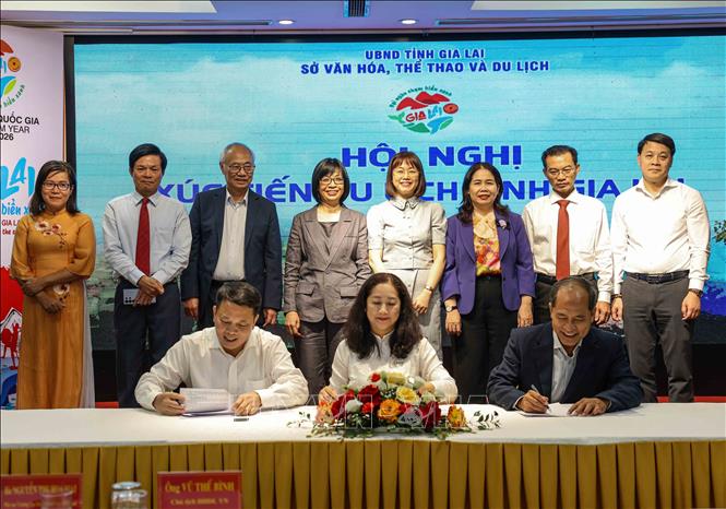Lễ ký kết giữa Hiệp hội du lịch Gia Lai với các đơn vị đào tạo nguồn nhân lực. Ảnh: Khánh Hoà - TTXVN