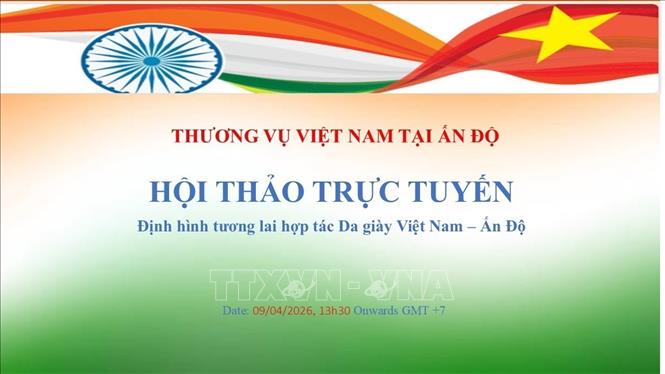 Chủ đề hội thảo trực tuyến giữa Thương vụ Việt Nam tại Ấn Độ và Viện Da giầy Việt Nam. Ảnh: Ngọc Thúy - P/v TTXVN tại New Delhi